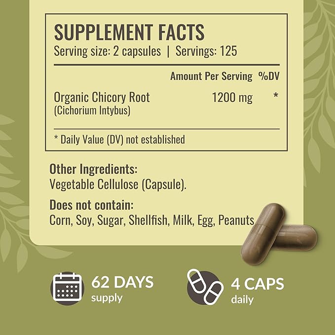 HERBAMAMA Chicory Root Fiber Capsules - 1200mg Chicory Root Powder for Gut Cleanse &amp Digestive Support - Vegan Non-GMO Inulin Prebiotic Fiber Supplement