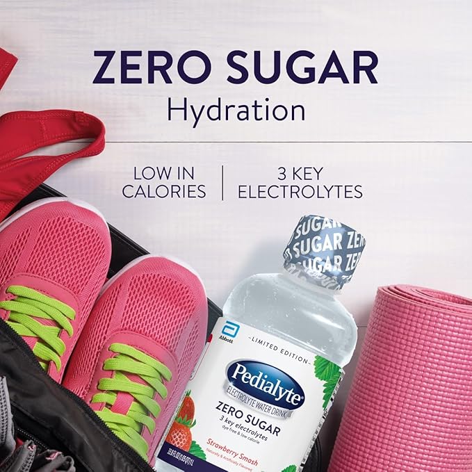 Pedialyte Electrolyte Water With Zero Sugar | Hydration With Key Electrolytes | Hydration Low in Calories | Strawberry Smash 1 Liter Pack of 4