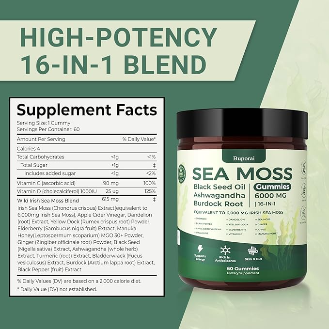 Sea Moss Gummies 16-1 Black Seed Oil Ashwagandha Turmeric Bladder Wrack Vitamin C Vitamin D3 Elderberry Manuka Dandelion Yellow Dock Apple Cider Vinegar for Men &amp Women