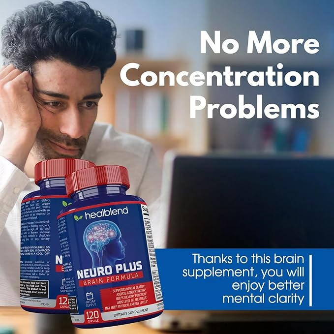 Neuro Plus Brain &amp Focus Formula - Brain Booster Supplement Supports Mental Clarity &amp Focus - Enhances Concentration &amp Mental Energy – 120 Capsules (3 Pack)