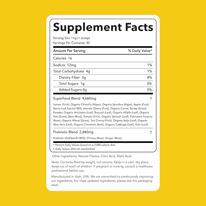 Clean Simple Eats Super Greens Powder Naturally Flavored Greens Powder with Chlorella Spirulina Superfoods &amp Prebiotic Fiber No Artificial Ingredients Gluten Free Sweet Lemon Flavor 30 Serv