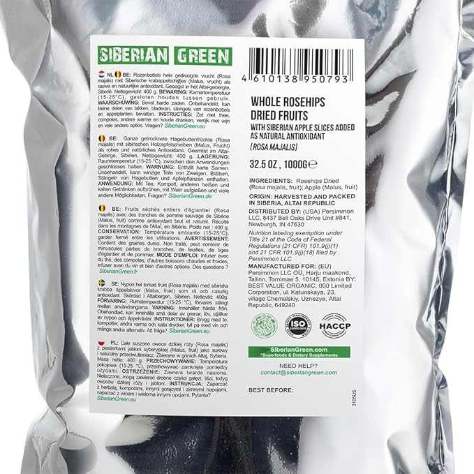 Siberian Dried Rose Hips Whole Seeds 1 kg (2.2 pounds) - Rosehips Herbal Tea Directly from Siberia Altai Mountains and Taiga with Apples slices as antioxidant