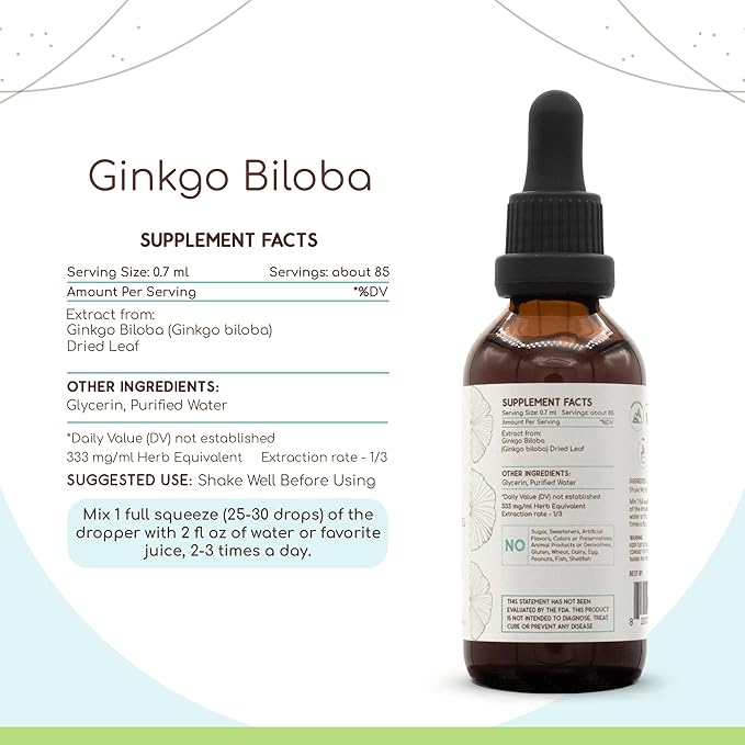 HerbEra Ginkgo Biloba B60 Alcohol-Free Herbal Extract Tincture Concentrated Liquid Drops Natural Ginkgo Biloba Dried Leaf 2 fl oz