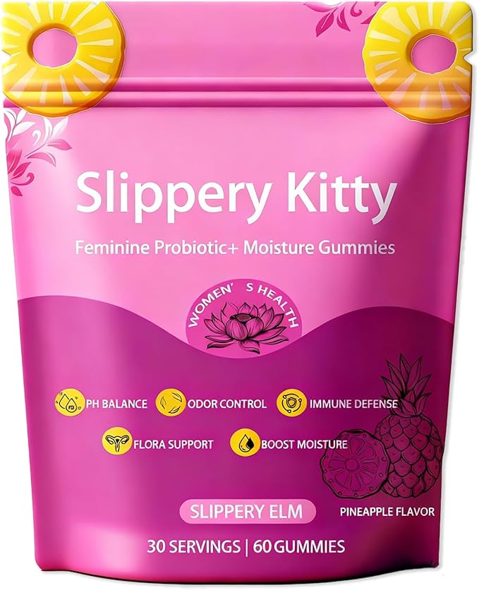 Slippery Kitty Gummies Feminine Probiotic + Moisture GummiesSupports Digestive Health Slippery Elm for Women - All in One Solution with Slippery Elm 60 Count Pineapple Flavor