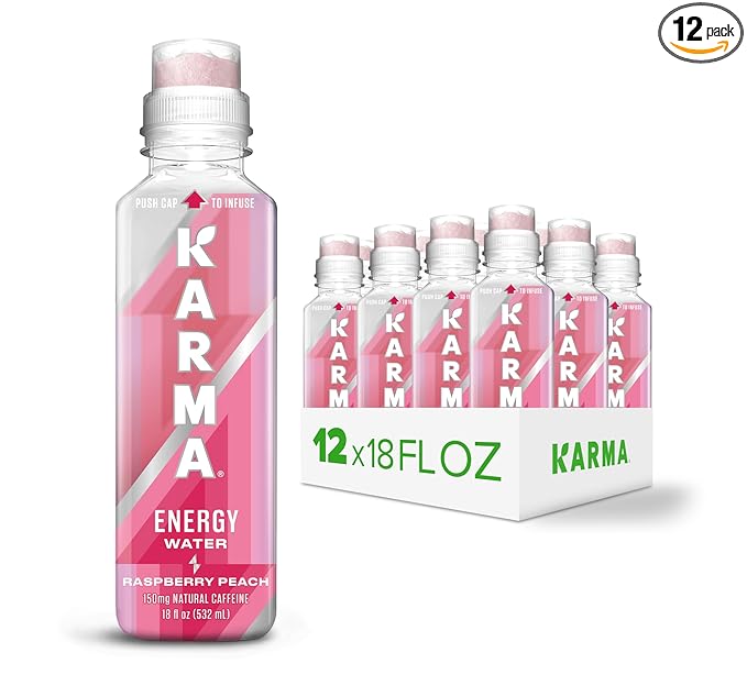 Karma Energy Drink – 12 Pack Raspberry Peach Caffeinated Water with Cognizin® Nootropics Vitamins &amp Immune Support Low Calorie
