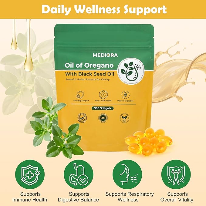 Oil of Oregano with Black Seed Oil Softgels 300 Count 2 in 1 Organic Oregano Capsules for Digestive &amp Immune Support Carvacrol &amp Thymoquinone Plant Based Non-GMO Gluten Free