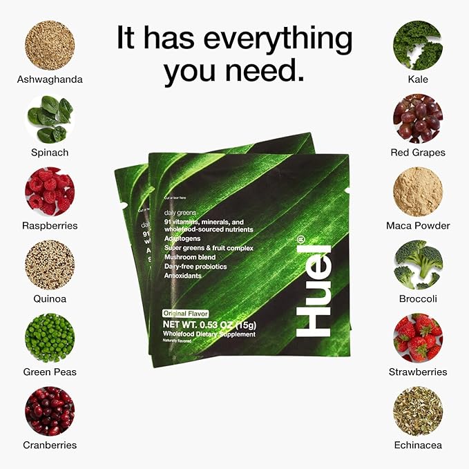 Huel Daily Greens Single Serve | Superfood Greens Powder | 91 Vitamins Minerals and Wholefood-Sourced Ingredients | Adaptogens Antioxidants Gut-Friendly Probiotics | 12 Pack