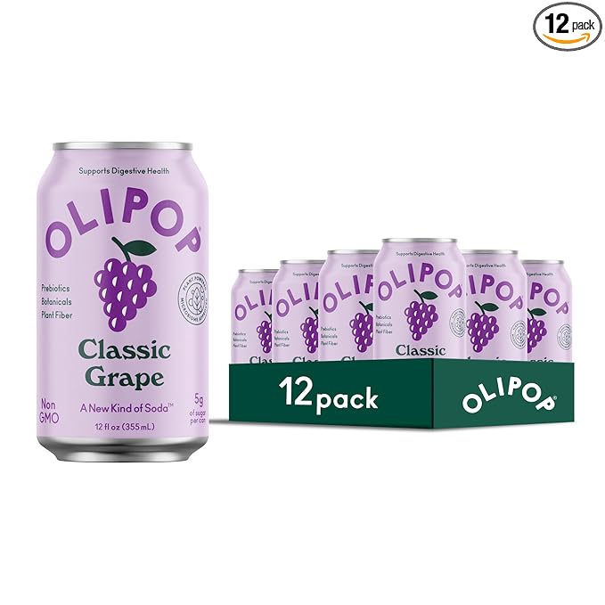 OLIPOP Prebiotic Soda Pop Classic Grape Pantry Pack Packed with Prebiotics Fiber and Botanicals Gluten Free GMO Free 12oz (12-Cans)