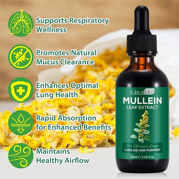 Mullein Leaf Extract for Lungs Mullein Drops for Lungs Support Lung Respiratory Function for Healthy Breathing Improvement in Pulmonary Function Natural &amp Safe Supplement (2 PC)