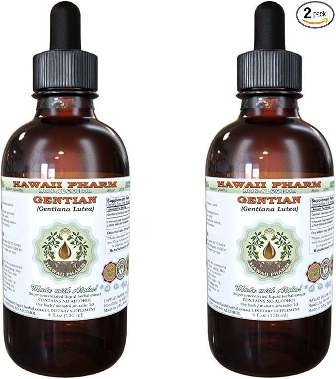 Hawaii Pharm Gentian Alcohol-Free Liquid Extract Gentian (Gentiana Lutea) Dried Root Glycerite Natural Herbal Supplement 2x4 oz