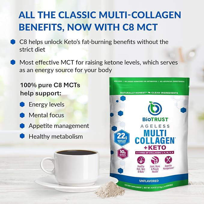 BioTrust Multi Collagen Protein Powder + Keto MCT Oil – 5 Types (I II III V X) &amp 100% Caprylic Acid C8 - Support Elevated Ketones Metabolism Joints &amp Beauty All in 1 Collagen Powder (Unf