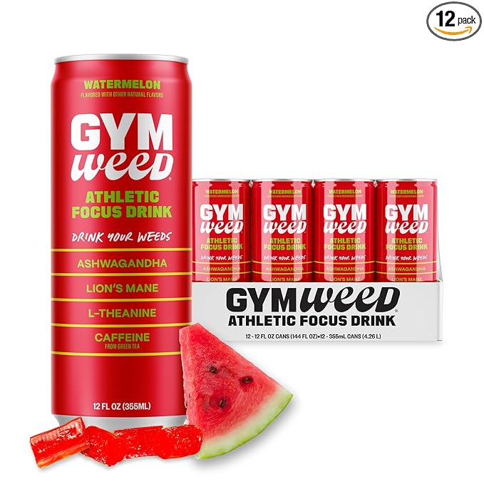 GYM WEED Athletic Focus Drink with KSM-66 Ashwagandha Lion's Mane Mushroom L-Theanine 200mg Green Tea Caffeine with Natural Sweeteners Watermelon Flavor 12 Pack
