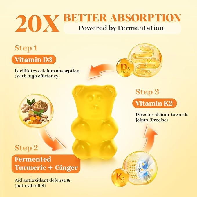 Turmeric and Ginger Gummies with Black Pepper Fermented Turmeric for Joint Comfort &amp Mobility Sugar-Free with Vitamin D3 + K2 Natural Peach Flavor – 150 Gummies