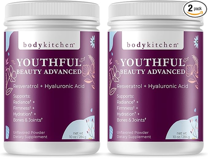 Body Kitchen Youthful Beauty Advanced Collagen Peptides Powder for Beautiful Hair Skin Nails Resveratrol and Hyaluronic Acid for Anti-Aging &amp Antioxidant Support Grass Fed (Pack of 2)