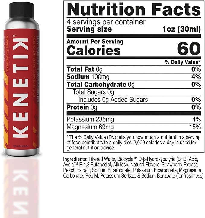 KENETIK Caffeine-Free Focus Concentrate – Brain Fuel for Mental Clarity Cognitive Endurance Sugar-Free Bioidentical Ketones (D-BHB) 4oz (4 Servings) – 3 Pack Strawberry Peach