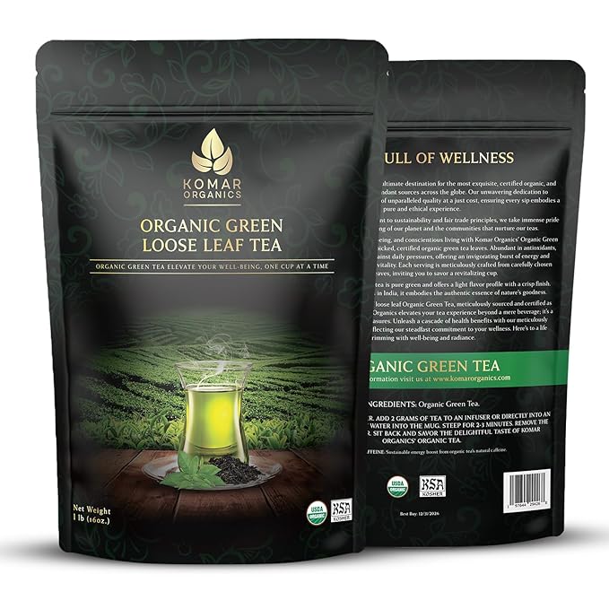 Komar Organics Loose Leaf Green Tea – 16Oz USDA Organic for Energy Boost Antioxidants – Certified Kosher Delicate Flavor Assam Tea Organic Tea Leaves Ideal for Morning Afternoon