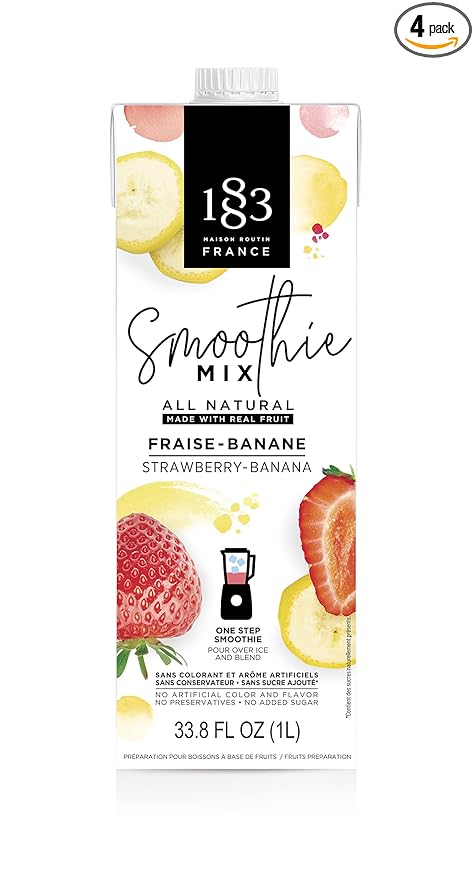 1883 Maison Routin French Strawberry-Banana Smoothie Mix No-Sugar-Added 100% Fruit Juice Vegan Gluten-Free 4 Pack 1 Liter