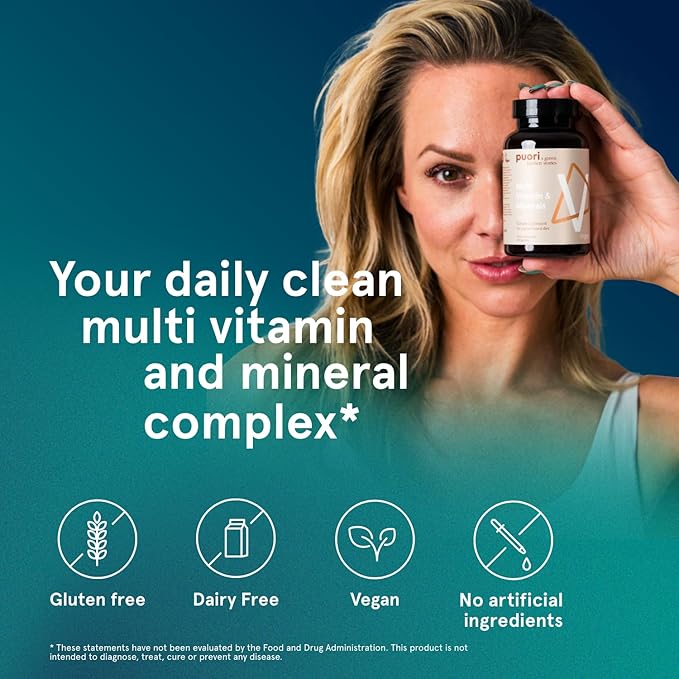 Puori Vegan Multi-Vitamin &amp Mineral Complex for Men &amp Women - Blended Multivitamins with 13 Essential Vitamins &amp 9 Minerals for Overall Health Nervous &amp Immune System Support - 60 Cap