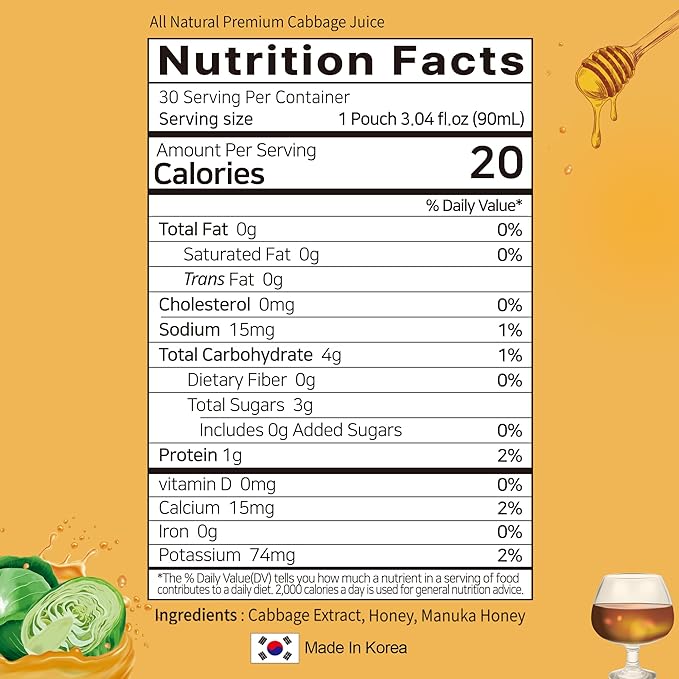 TerraPick Green Cabbage Juice Sweetened with Manuka Honey - Natural Cabbage Extract Juice Vegetable Juice Superfood (3.04 fl oz X 30 pouches)
