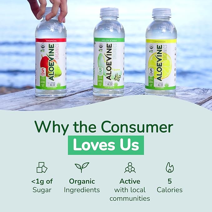 Aloevine Organics No-Pulp Organic Aloe Vera Drink Healthy with Aloe Powder Lemon Juice 5 Calories Low Sugar No Artificial Ingredients 16.9 oz 12 Pack Melon Mint