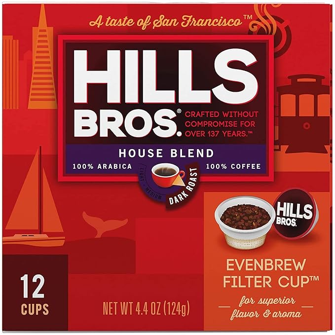 Hills Bros Single Serve Coffee Pods House Blend Dark Roast 12 Count-Keurig Compatible Roasted Arabica Coffee Bold Smooth Flavor