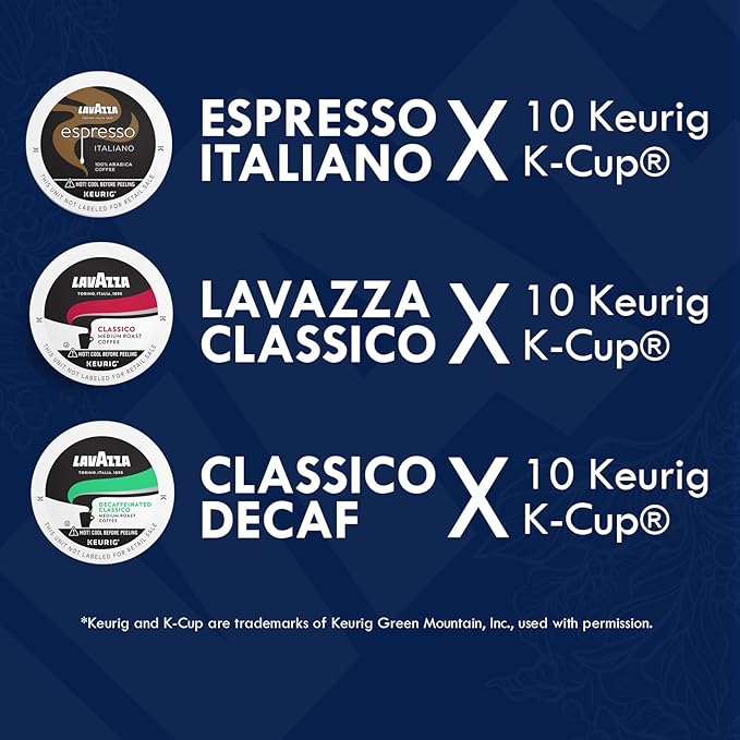 Lavazza K-Cups Variety Pack - Espresso-Italiano-Classico Medium Roast Espresso Pods Intense Flavor with Dried Fruit Notes Keurig Compatible - 24 each
