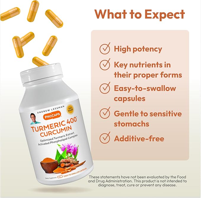 ANDREW LESSMAN Turmeric 400mg - 120 Capsules - 95% Curcuminoids as Phospholipid Complex for Optimum Benefits and Absorption High Potency Standardized Extract Small Easy to Swallow Capsules