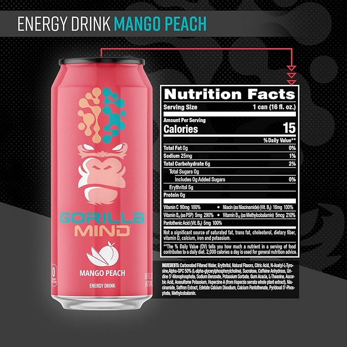 Gorilla Mind Energy Drink | Unmatched Energy · Amplified Focus | N-Acetyl-L-Tyrosine Alpha-GPC 200mg Caffeine Uridine Saffron | 0 Sugar Or Artificial Colors | 16oz 12-Pack (Mango Peach)