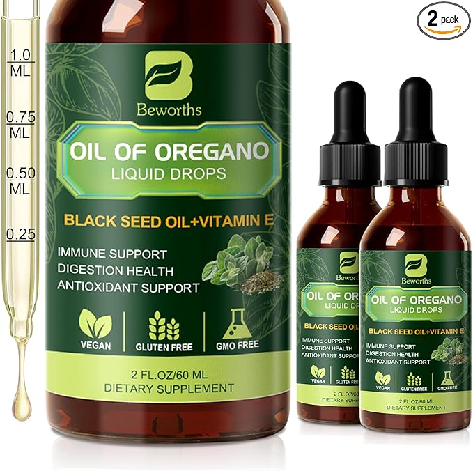 B BEWOTHS 2PACK Oregano Oil Drops Oil of Oregano with Black Seed Oil Vitamin E Carvacrol Oregano Liquid Herbal Blend for Immune Antioxidant Digestive Gut Cleanser Kidney Health Support - 4 Fl Oz