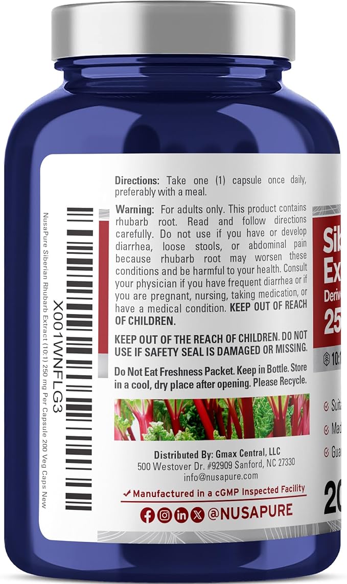 NusaPure Siberian Rhubarb 250 mg 200 Veg Capsules (Non-GMO Vegan)
