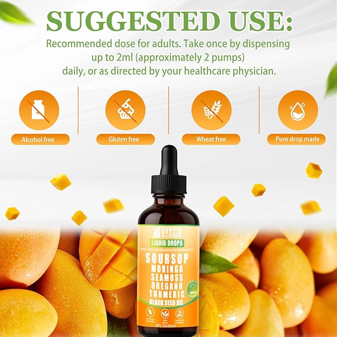 Soursop Bitters Liquid Drops 10 in 1 with Sea Moss Moringa Turmeric Black Seed Oil Oregano Ashwagandha | Herbal Extracts for Overall Health-Enhancing | Vegan Non-GMO | 2 Fl Oz(Mango flavor)