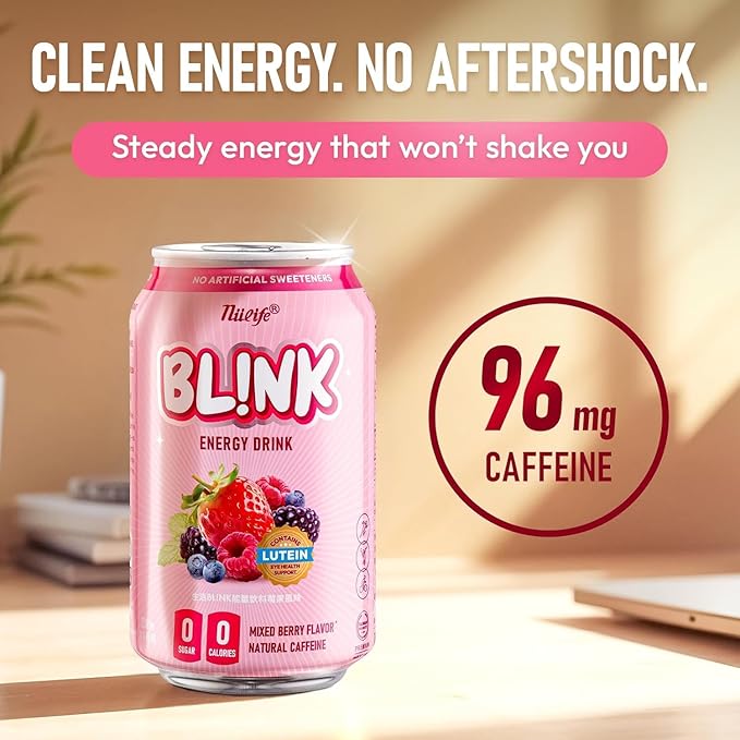NÜLIFE BL!NK Zero Sugar Sparkling Energy Drink 96mg Natural Caffeine Contains Lutein Clean Energy Drink No Artificial Sweetener Mixed Berry 11.16 Fl Oz (Pack of 12)