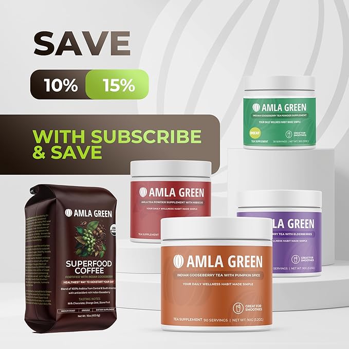 Amla Green Organic Ground Superfood Coffee Medium Roast Gourmet Coffee with Antioxidant Rich Indian Gooseberry 100% Arabica Special with Amla Benefits 16 Oz