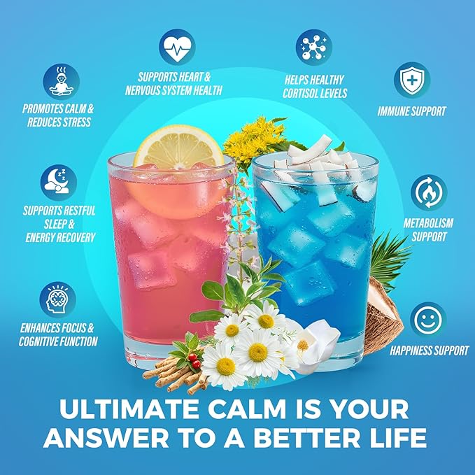 Ultimate Calm Super Cortisol Reducer Supplement Drink - Sleep Aid Magnesium Glycinate Powder Ashwagandha L Theanine Holy Basil Vitamin D3 Supports Relax Focus Mood No Sugar Mixed Flavor 30ct