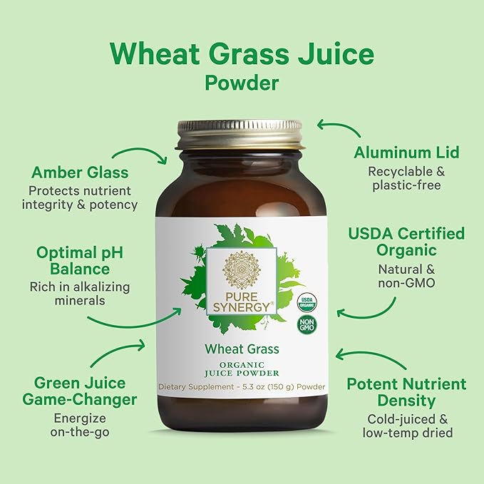 PURE SYNERGY Organic Wheat Grass Juice Powder | Chlorophyll-Rich Green Juice Powder | Raw Organic USA Wheat Grass | for Energy Alkaline Balance and Digestion Support (5.3 oz.)