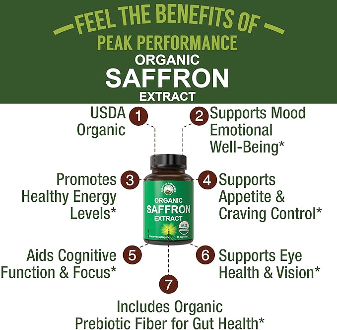 Saffron Supplements - USDA Organic Saffron Extract Capsules for Women Men and Kids. with Organic Prebiotic Fiber Instead of Filler. Pure and Natural for Mood Brain Focus Cravings PMS