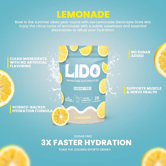 LIDO Lemonade Electrolyte Powder Packets — Clean Zero-Sugar Hydration Drink Mix with Balanced Sodium for Fast Replenishment — Vegan Paleo &amp Fasting Friendly — 28 Sticks