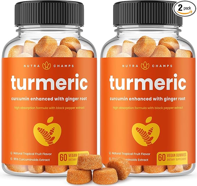 Turmeric Gummies for Adults &amp Kids with Ginger &amp Black Pepper Extract | 95% Curcuminoids | Vegan Natural Curcumin Joint Support | 120 Tumeric Gummy Supplements (2-Pack)