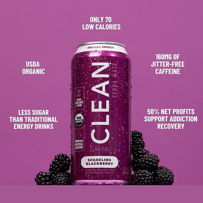 CLEAN Cause Low Calorie Peach &amp Blackberry USDA Organic Sparkling Yerba Mate Tea (16oz cans 2-12-Pack Case) Low Sugar 160mg Caffeine Healthy Alternative to Soda &amp Energy Drinks.