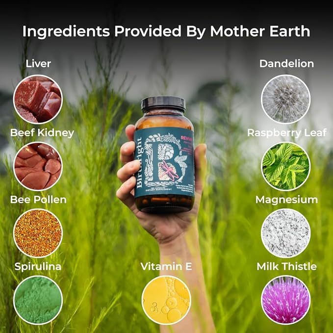 Birthright Female Hormone Support for Energy Fertility Menstrual Cycle Ovulation Pregnancy and Menopause… All Natural Animal Based Liver Kidney Magnesium Red Raspberry Herbal Blend Revive