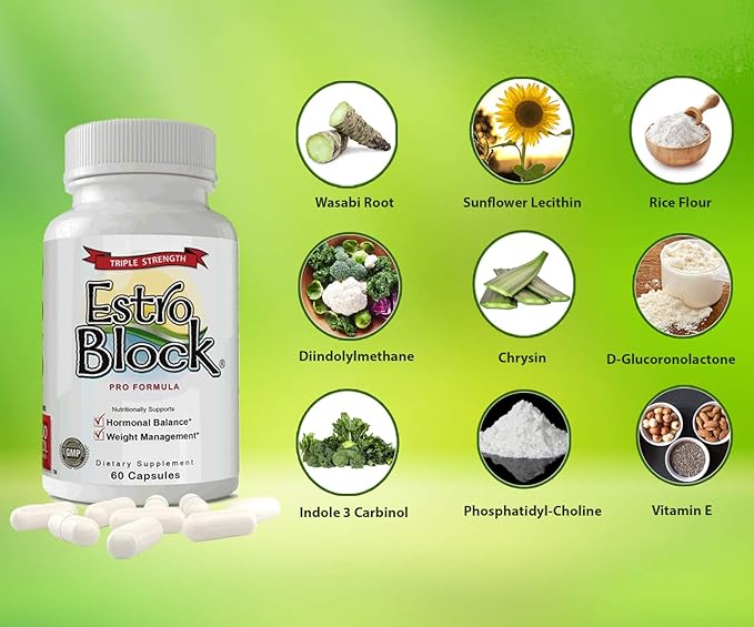 Estroblock PRO Triple Strength - 60 Capsules DIM &amp Indole 3-Carbinol for Natural Hormonal Hormone Balance Acne - Anti Toxic Estrogen Aromatase Inhibitor Blocker. Soy Free Dairy Free Non-GMO (1