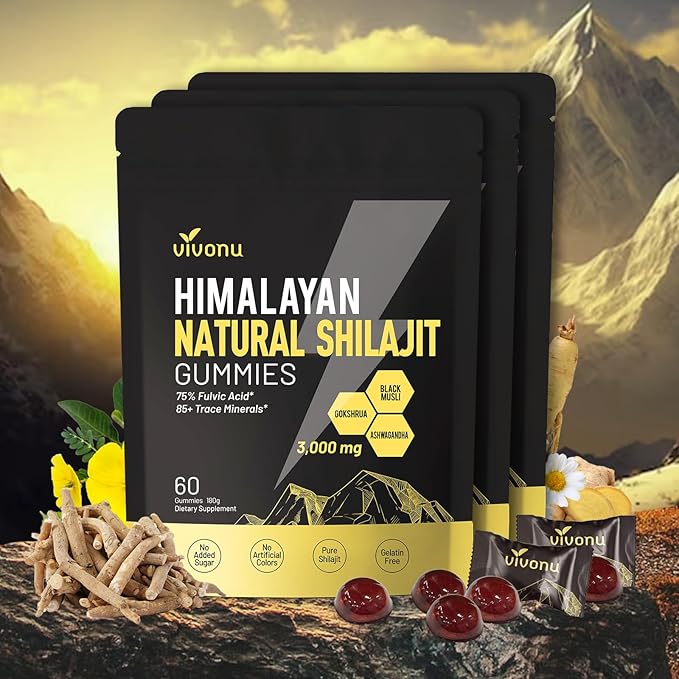 VivoNu Pure Himalayan* Shilajit* Gummies micronutrient Supplement Himalayan Premium Ingredient with Shilajit Ashwagandha Gokshura Fulvic Acid &amp 85+ Trace Minerals I for Men Women (3000MG/3 B