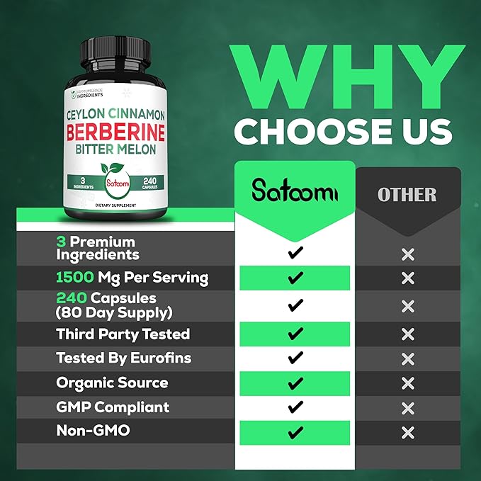 Satoomi Berberine 1500mg Supplement with Organic Ceylon Cinnamon Bark &amp Bitter Melon - 240 Vegan Capsules for 80 Servings - Immune System Heart Health Body Management &amp Digestion Support