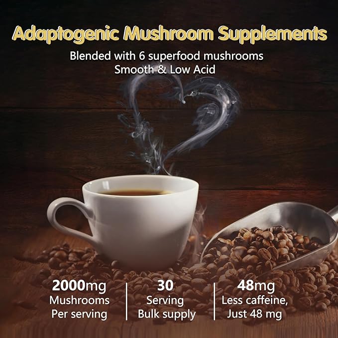 Mushroom Coffee 6 Adaptogenic Mushrooms (Lion's Mane Cordyceps Turkey Tail &amp Other) Mixed with Premium Instant Coffee for Focus Energy Immune and Gut Health Support 60 Servings