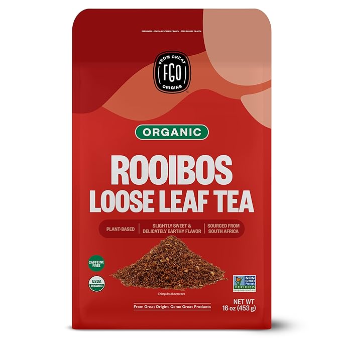 FGO Organic Rooibos Tea 16 Ounce Loose Leaf Bulk Resealable Bag Caffeine Free Packaging May Vary (Pack of 1)