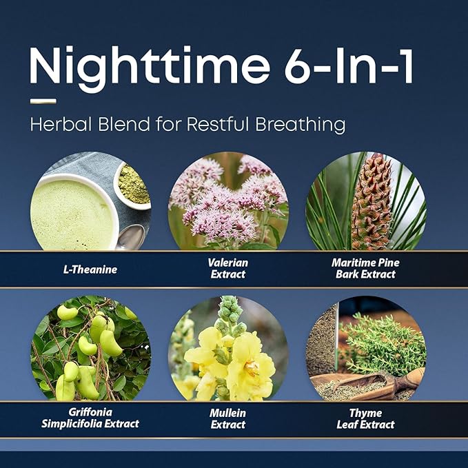 BREATHE PM Nighttime 6-IN-1 Mullein Capsules For Lung Detox for Smokers (60 Caps - 30 Days) - L-Theanine Thyme &amp Mullein Leaf Extract For Lungs - Mucus Removal Supplement - GMO-Free &amp Made