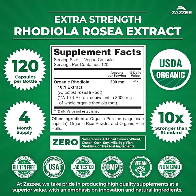 Zazzee USDA Organic Rhodiola 10:1 Extract 120 Capsules 4 Month Supply Rhodiola Rosea Energy Stress &amp Mental Focus Support Concentrated 10X Extract All-Natural Non-GMO Made in the USA