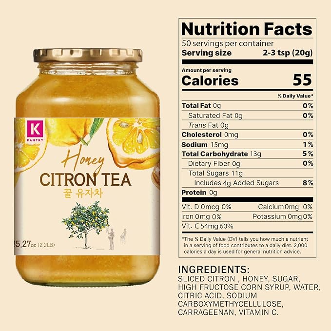 KPANTRY Korean Yuja Tea (Honey Citron) - Pure Yuzu Marmalade Concentrate with Real Citrus Slices &amp Honey Caffeine-Free – Hot/Iced Tea Spread &amp Smoothie Mix – 35.27 oz (1kg)