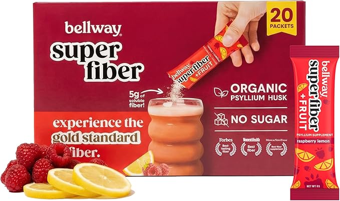 Bellway Super Fiber Packets + Fruit Sugar Free Organic Psyllium Husk Powder Fiber Supplement to Go for Regularity Bloating Relief &amp Digestive Health Plant-Based Raspberry Lemon (20 Packets)