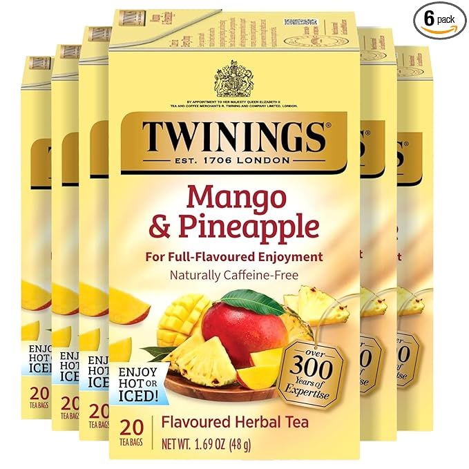 Twinings Mango &amp Pineapple Herbal Tea Individually Wrapped Bags 20 Count (Pack of 6) Naturally Caffeine-Free Enjoy Hot or Iced 120 Teabags